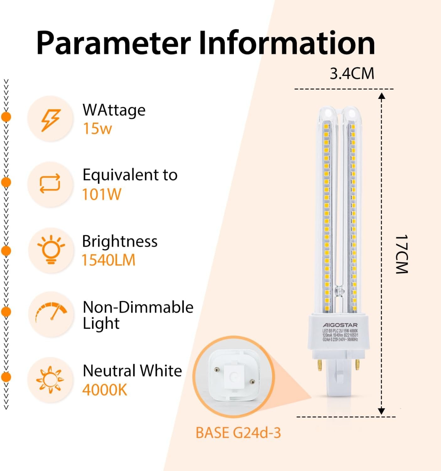 Aigostar Pack van 5 PLC 2U lampen, 15W Mais G24 buis, Neutraal Wit Licht 4000K, 1540lm, Niet verstelbaar