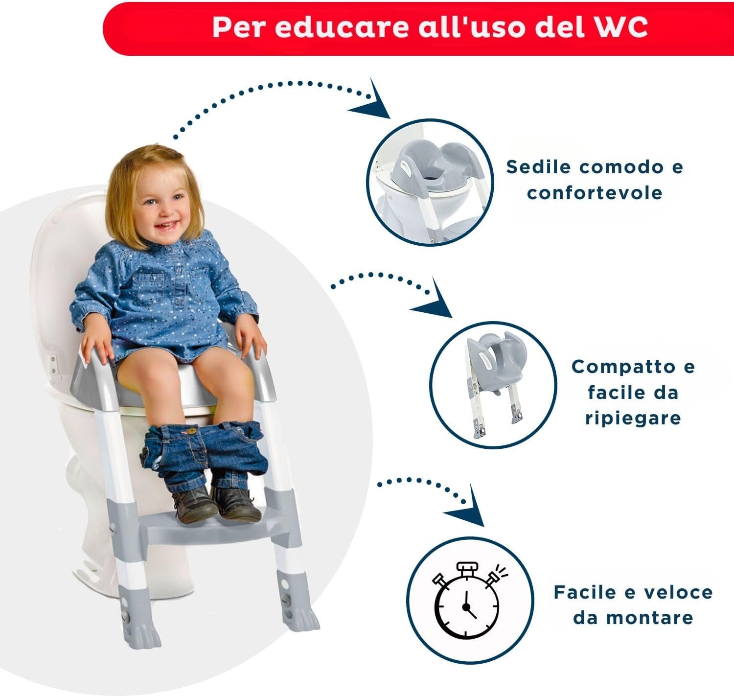 THERMOBABY - De loo WC-verloopstuk - Smart, leuk en hygiënisch - verstelbare voeten - antislip stappen - compact opvouwbaar - vanaf 18 maanden - gemaakt in Frankrijk - Charmgrijs