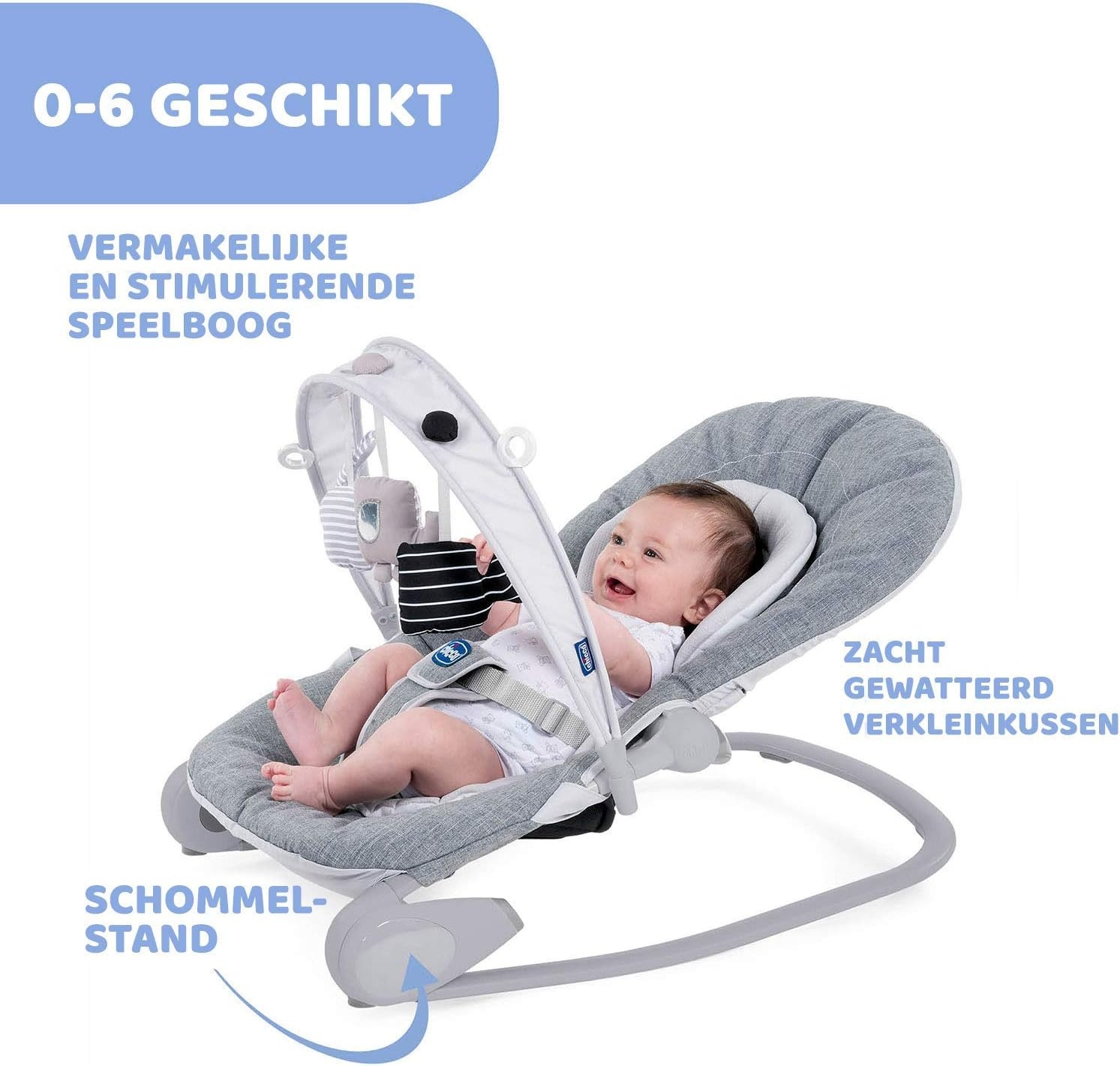 Chicco - Wipstoel Hooplà - 0 tot 18 kg - Verstelbaar naar Kinderstoel - Kantelbare Rugleuning - Inclusief Speelboog - 4 Wielen - Grijs (Titanium)