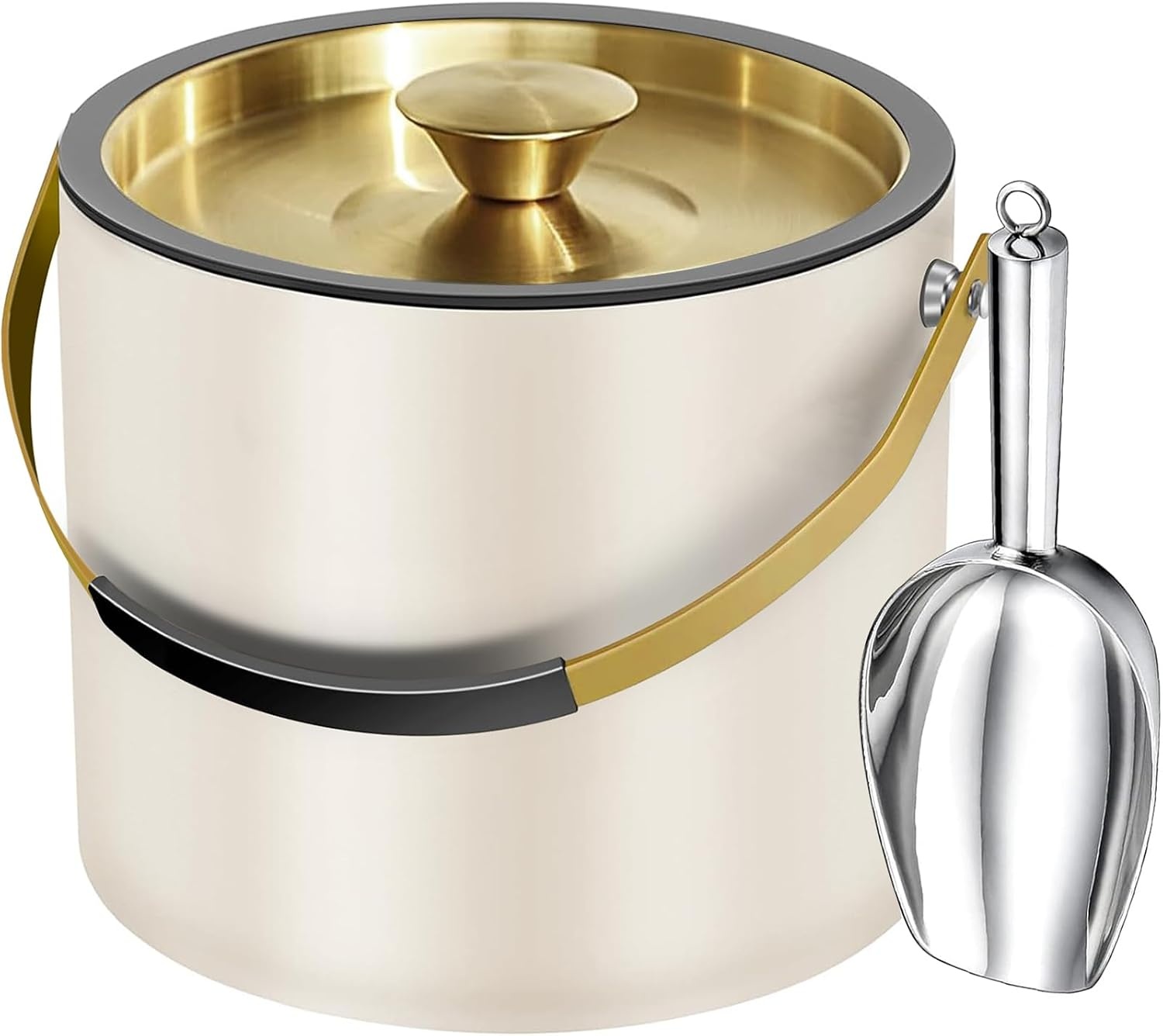 3,2L Moderne Geïsoleerde Ijsemmer met Siliconen Deksel, Schep, Zeef, Dubbelwandige Roestvrijstalen Ijsemmer voor Feestjes & Cocktailbar, Ideaal als Cadeau (Parelwit)