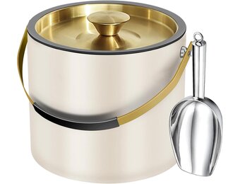 3,2L Moderne Geïsoleerde Ijsemmer met Siliconen Deksel, Schep, Zeef, Dubbelwandige Roestvrijstalen Ijsemmer voor Feestjes & Cocktailbar, Ideaal als Cadeau (Parelwit)