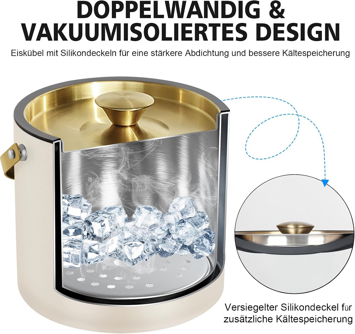 3,2L Moderne Geïsoleerde Ijsemmer met Siliconen Deksel, Schep, Zeef, Dubbelwandige Roestvrijstalen Ijsemmer voor Feestjes & Cocktailbar, Ideaal als Cadeau (Parelwit)