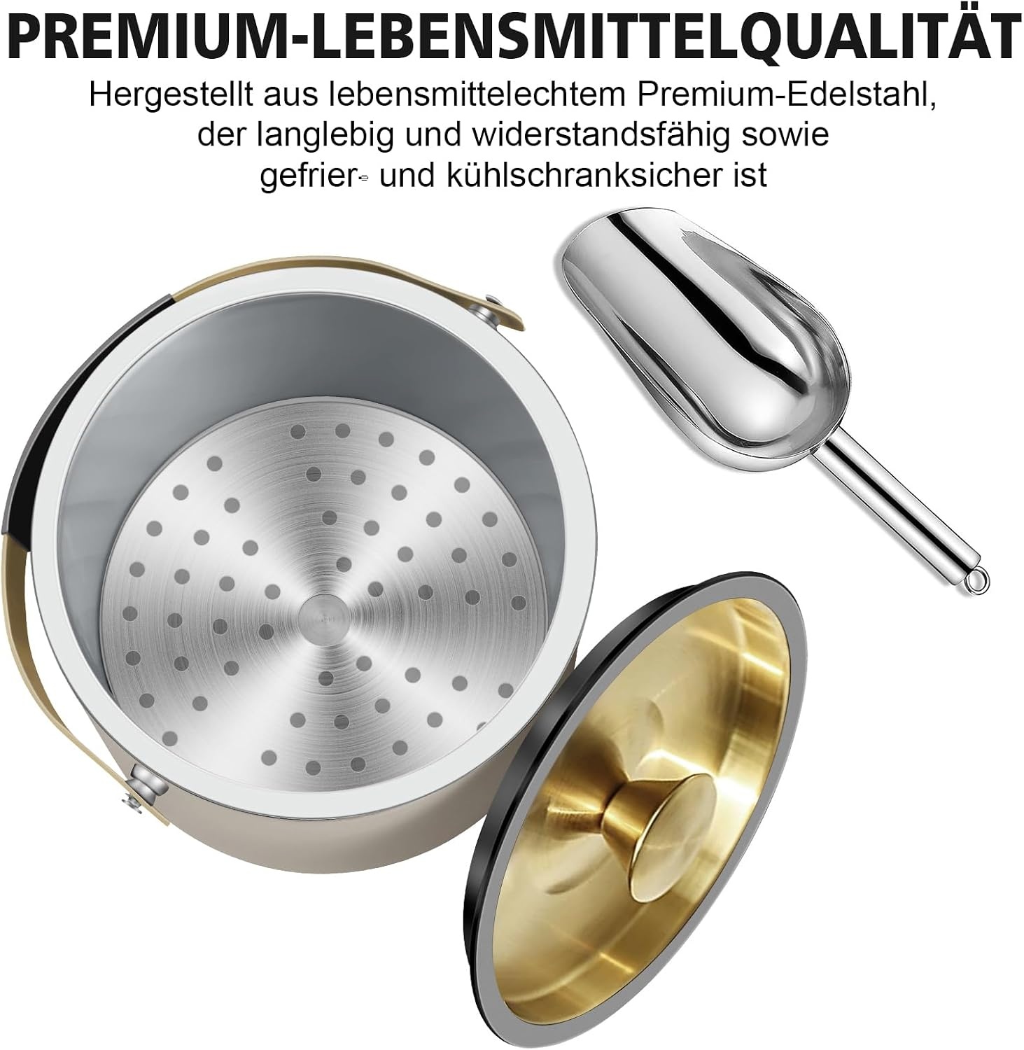 3,2L Moderne Geïsoleerde Ijsemmer met Siliconen Deksel, Schep, Zeef, Dubbelwandige Roestvrijstalen Ijsemmer voor Feestjes & Cocktailbar, Ideaal als Cadeau (Parelwit)