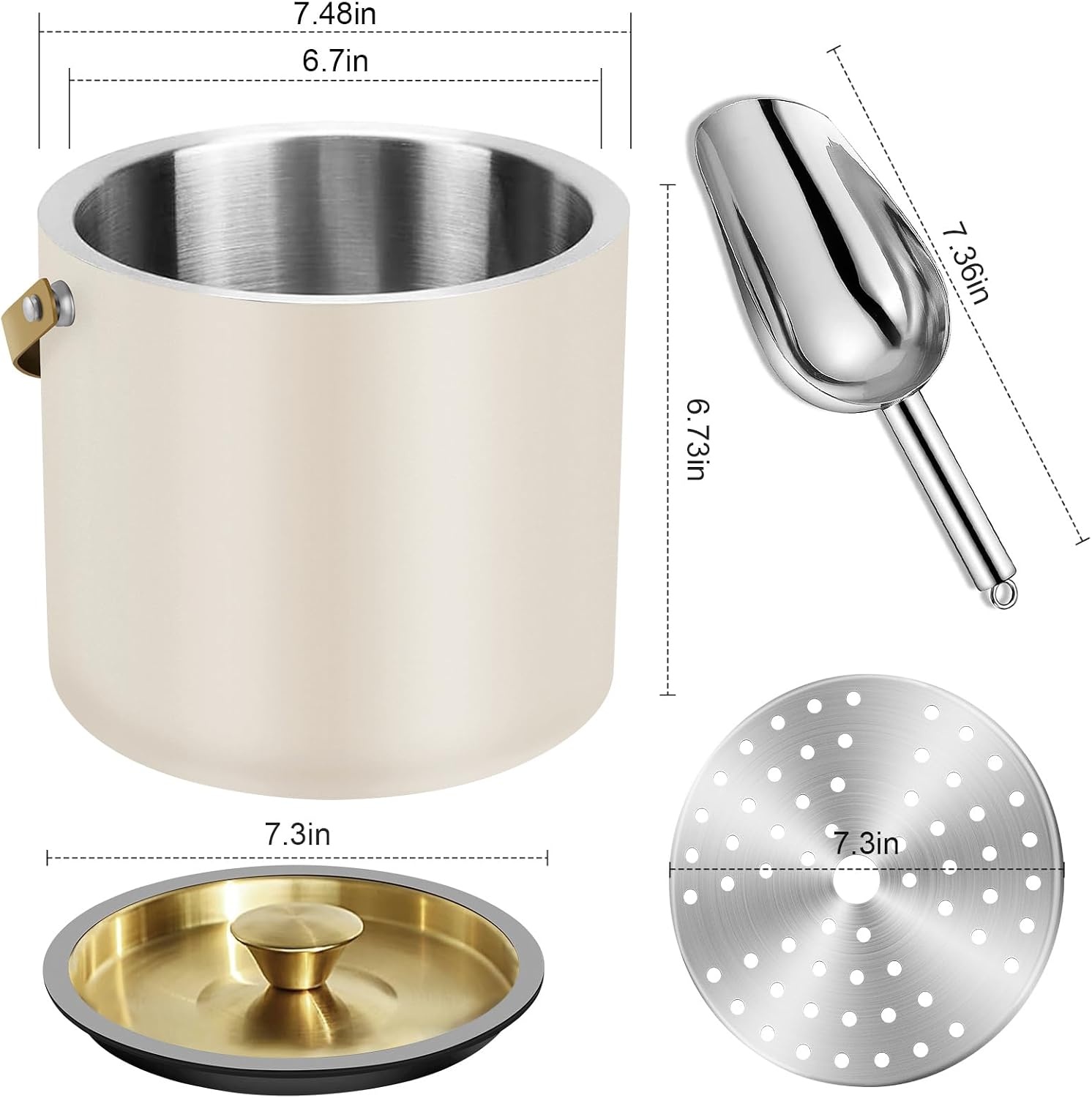3,2L Moderne Geïsoleerde Ijsemmer met Siliconen Deksel, Schep, Zeef, Dubbelwandige Roestvrijstalen Ijsemmer voor Feestjes & Cocktailbar, Ideaal als Cadeau (Parelwit)