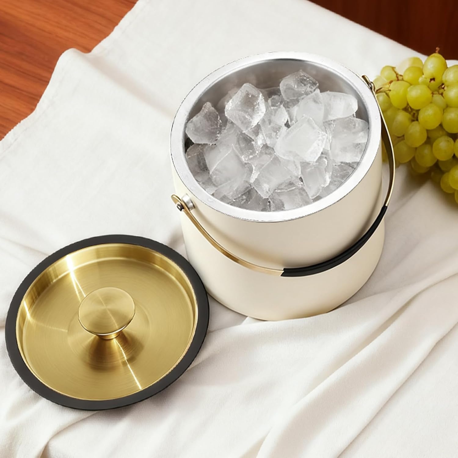 3,2L Moderne Geïsoleerde Ijsemmer met Siliconen Deksel, Schep, Zeef, Dubbelwandige Roestvrijstalen Ijsemmer voor Feestjes & Cocktailbar, Ideaal als Cadeau (Parelwit)