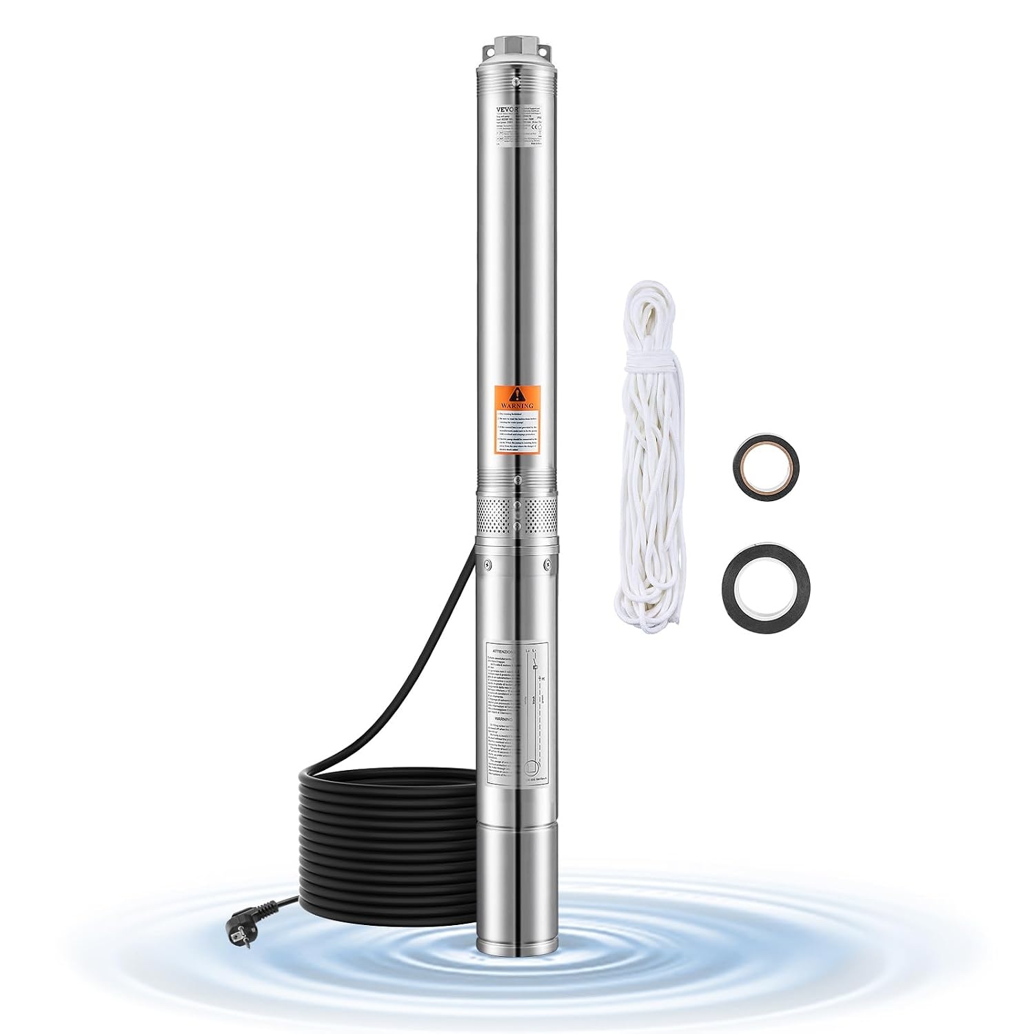 VEVOR Dompelpomp voor diepe fonteinen, IP68, uitgangsvermogen 750 W, 230 V, debiet 100 l/min, opvoerhoogte 75 m, met 20 m kabel, waterpomp van roestvrij staal voor industriële irrigatie