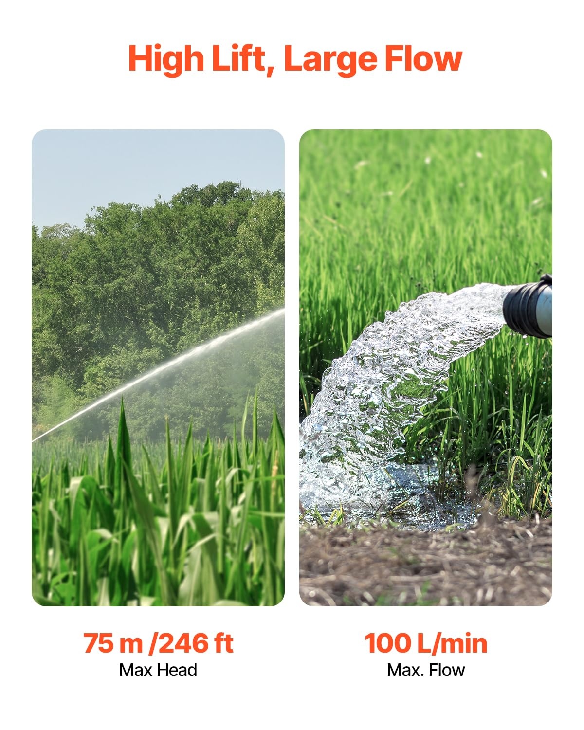 VEVOR Dompelpomp voor diepe fonteinen, IP68, uitgangsvermogen 750 W, 230 V, debiet 100 l/min, opvoerhoogte 75 m, met 20 m kabel, waterpomp van roestvrij staal voor industriële irrigatie