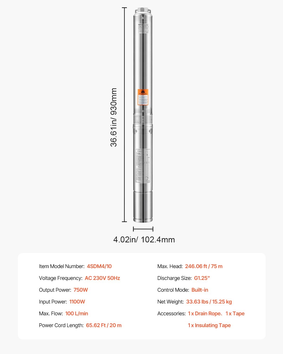 VEVOR Dompelpomp voor diepe fonteinen, IP68, uitgangsvermogen 750 W, 230 V, debiet 100 l/min, opvoerhoogte 75 m, met 20 m kabel, waterpomp van roestvrij staal voor industriële irrigatie