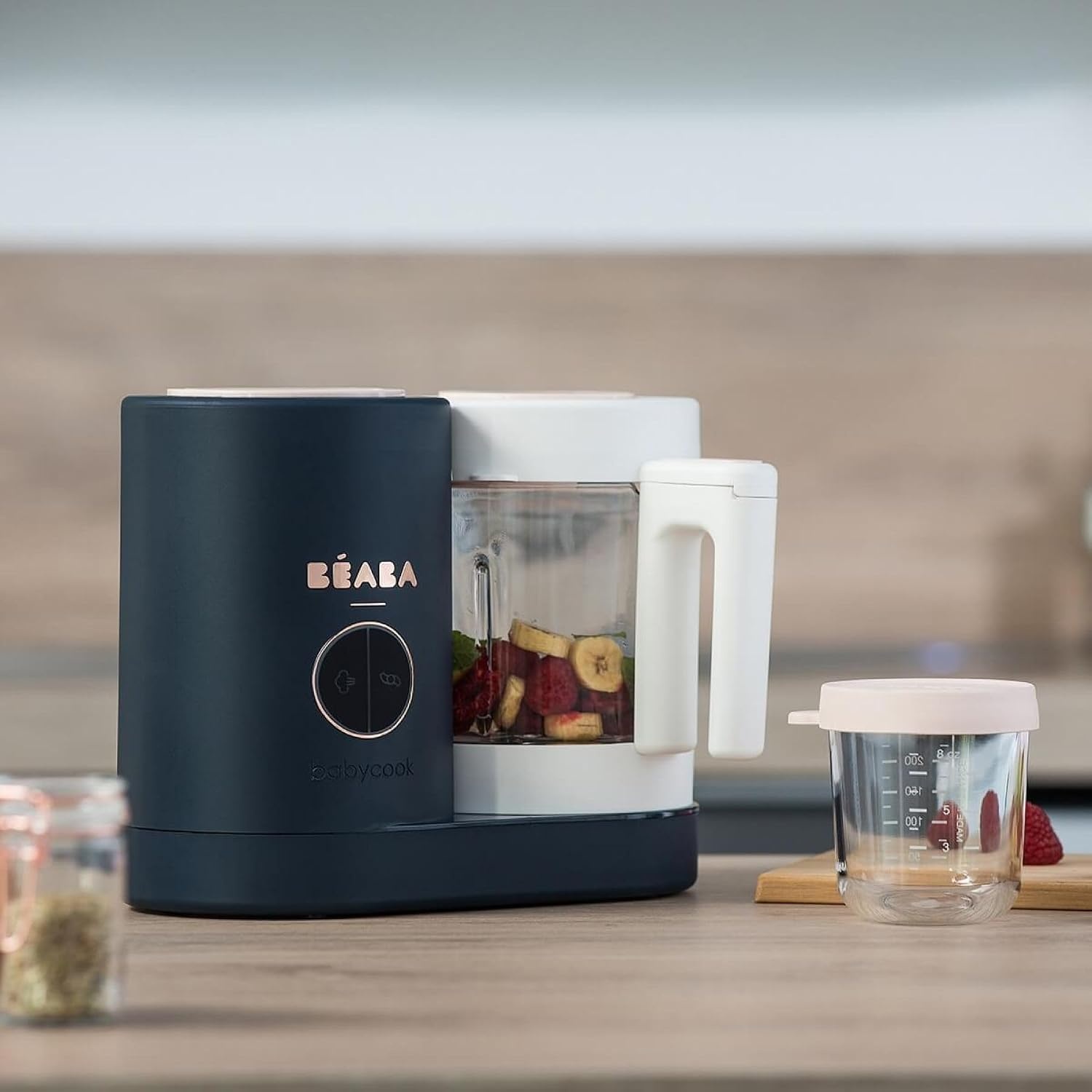 BÉABA - Babycook Neo - Babyvoedingprocessor Made in France - Mixer-Koker - Glazen Kom en Roestvrijstalen Kom - Babyvoeding diversificatie - Babyvoeding - Snel Stomen - Nacht Blauw