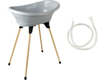 Thermobaby Badkuip voor pasgeborenen, badje met houten afvoerpijp, gepatenteerde innovatie, inklapbaar en stabiel, geschikt voor de badkamer, gemaakt in Frankrijk, grijs