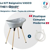 Thermobaby Badkuip voor pasgeborenen, badje met houten afvoerpijp, gepatenteerde innovatie, inklapbaar en stabiel, geschikt voor de badkamer, gemaakt in Frankrijk, grijs