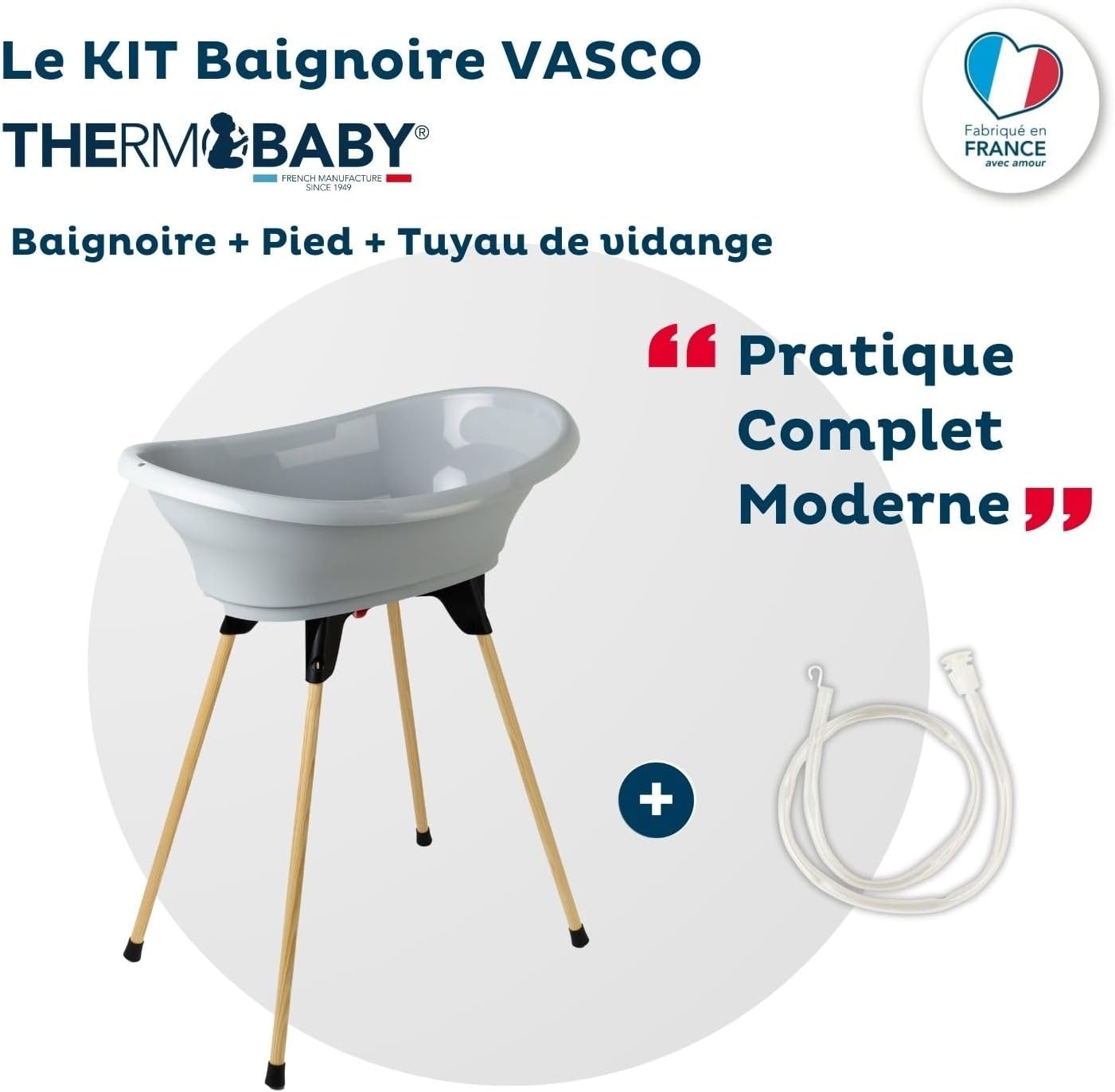 Thermobaby Badkuip voor pasgeborenen, badje met houten afvoerpijp, gepatenteerde innovatie, inklapbaar en stabiel, geschikt voor de badkamer, gemaakt in Frankrijk, grijs