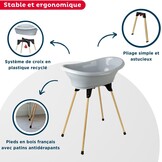 Thermobaby Badkuip voor pasgeborenen, badje met houten afvoerpijp, gepatenteerde innovatie, inklapbaar en stabiel, geschikt voor de badkamer, gemaakt in Frankrijk, grijs