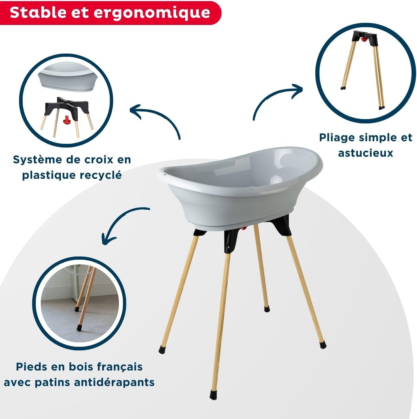 Thermobaby Badkuip voor pasgeborenen, badje met houten afvoerpijp, gepatenteerde innovatie, inklapbaar en stabiel, geschikt voor de badkamer, gemaakt in Frankrijk, grijs