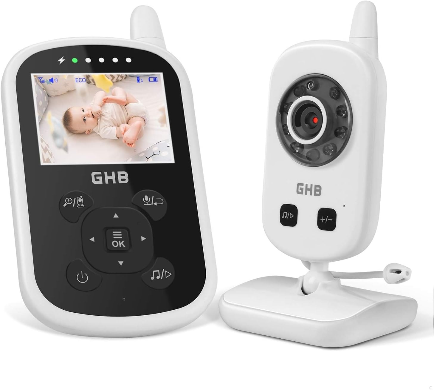 GHB Babyfoon met camera, video, babymonitor, 2,4 GHz intercomfunctie, ECO-modus, lange accuduur, nachtzicht, temperatuursensor, slaapliedjes