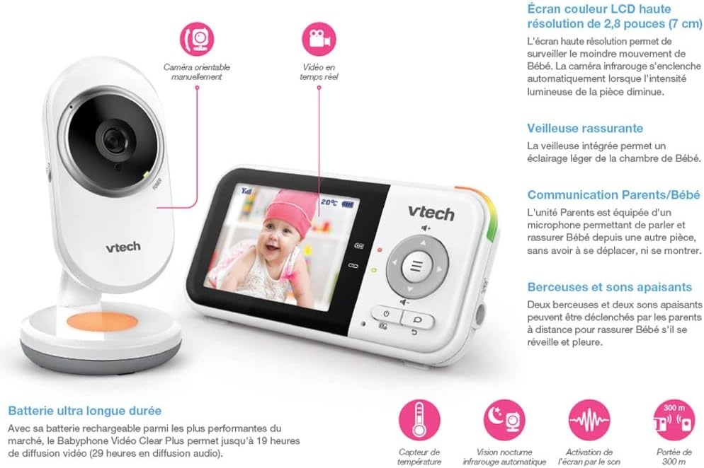 VTech - BM3254 – Babyfoon Video Clear Plus – nachtlampje en slaapliedje – display 2,8 inch – babyfoon audio – versie FR