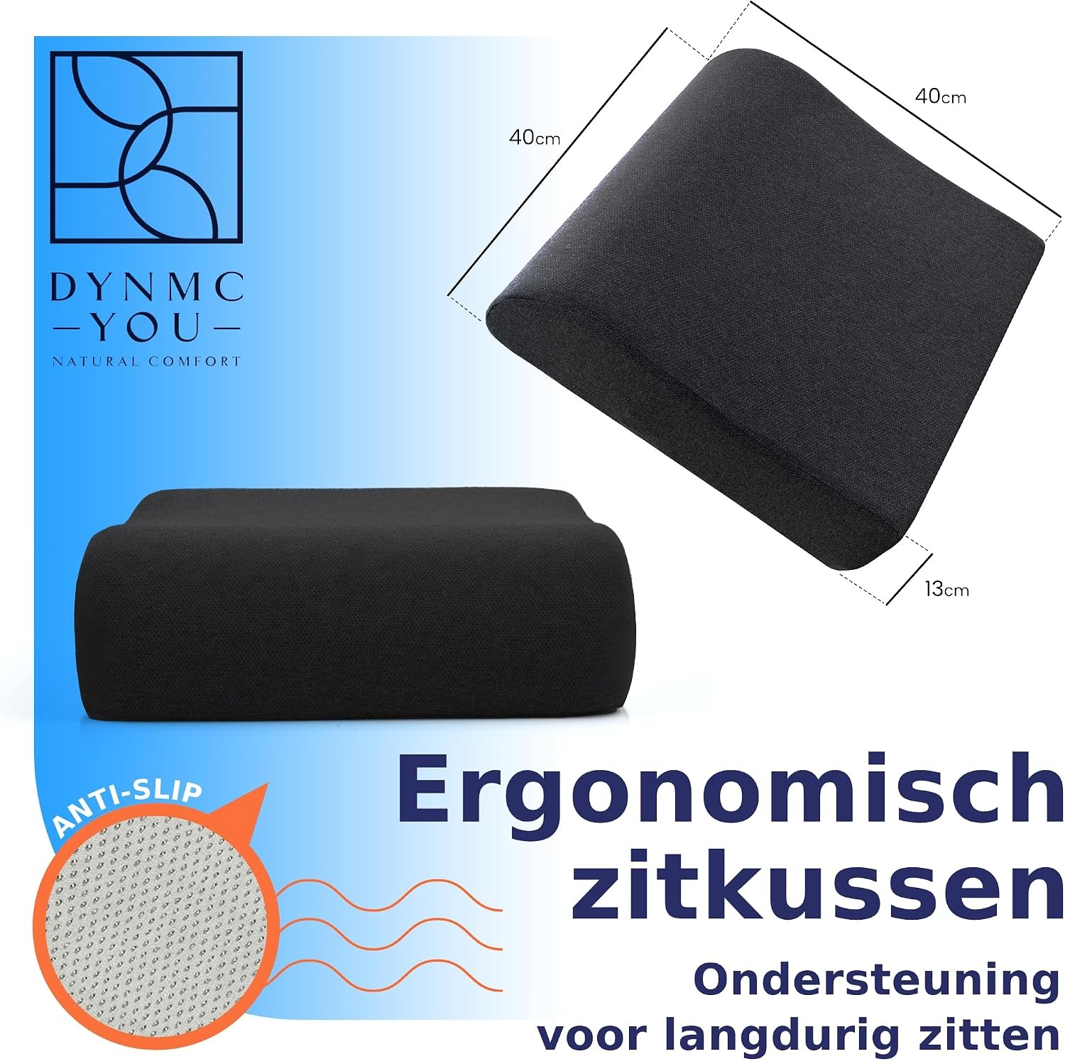 Comfortabele Stoelverhoger Volwassenen - OEKO-TEX hoes - Vormvast, 13 cm dik zitkussen - Perfect voor autostoel, bureaustoel kussen, opstahulp - Premium stoelkussen verhoging - DYNMC YOU - Zwart