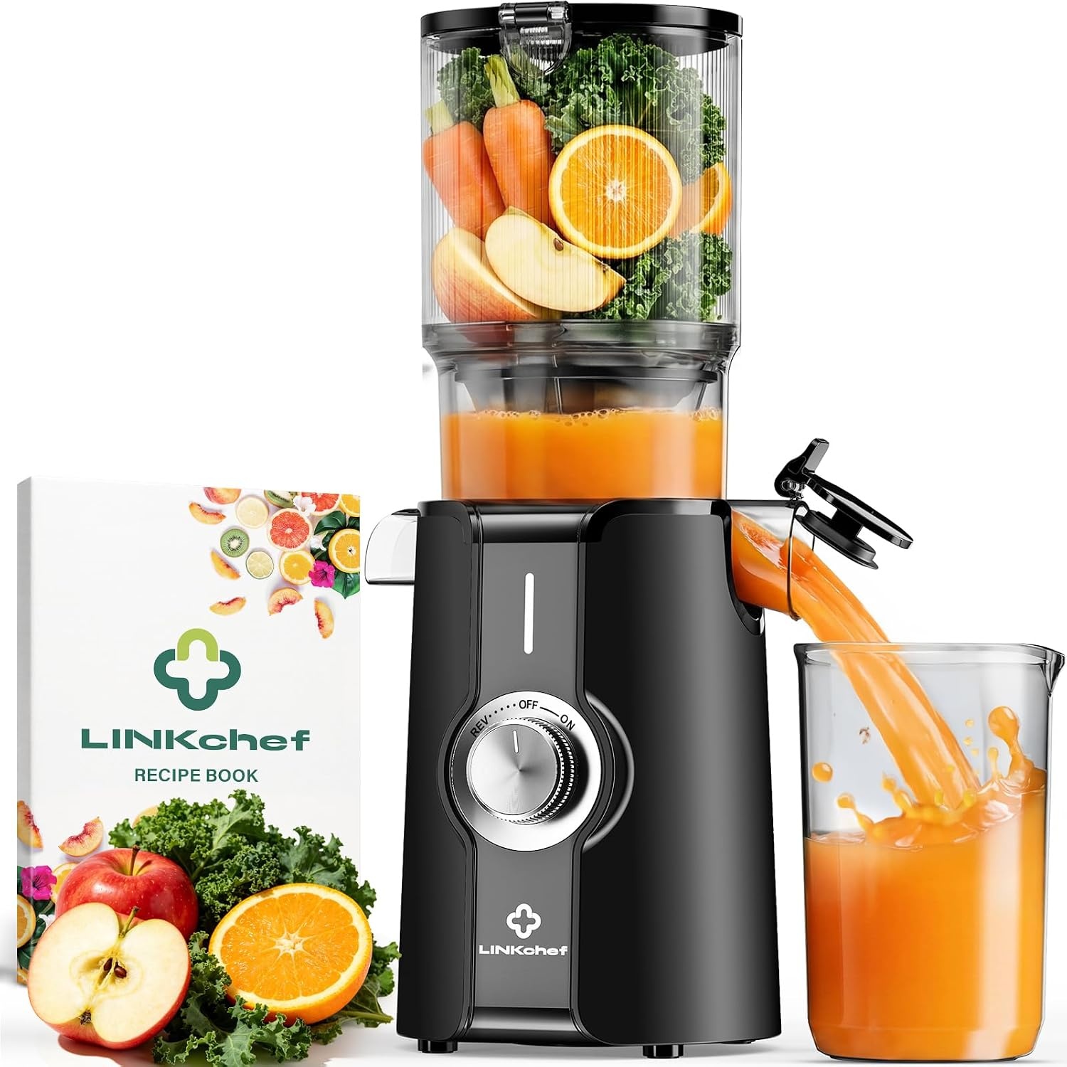 LINKChef Juicer Slow Juicer, sapcentrifuge, groente en fruit, testwinnaar met 115 mm grote, sapcentrifuge voor hele vruchten/groenten, bliksemreiniger, eenvoudige installatie, BPA-vrij, 200 W, zwart