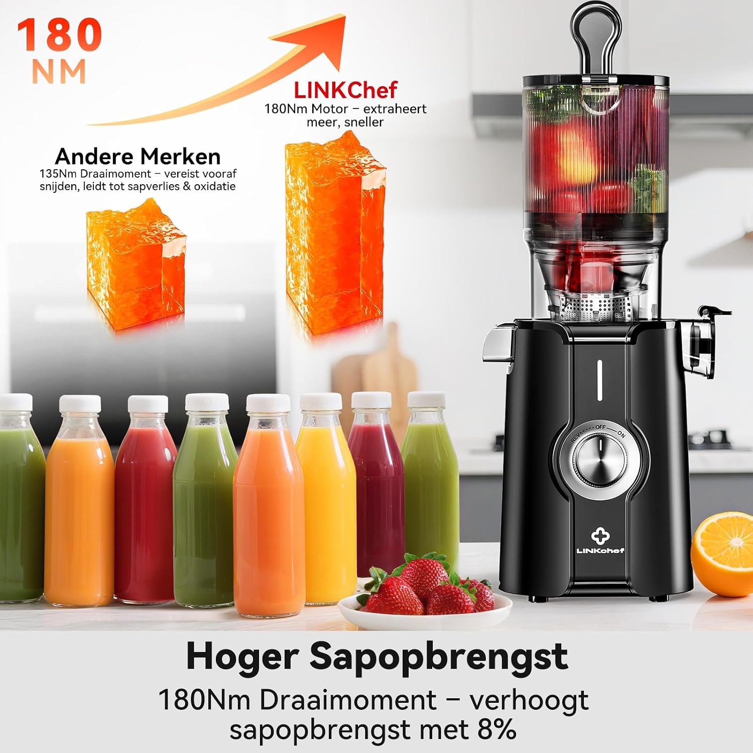LINKChef Juicer Slow Juicer, sapcentrifuge, groente en fruit, testwinnaar met 115 mm grote, sapcentrifuge voor hele vruchten/groenten, bliksemreiniger, eenvoudige installatie, BPA-vrij, 200 W, zwart