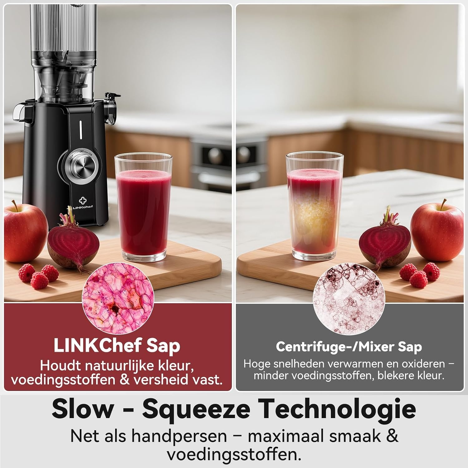 LINKChef Juicer Slow Juicer, sapcentrifuge, groente en fruit, testwinnaar met 115 mm grote, sapcentrifuge voor hele vruchten/groenten, bliksemreiniger, eenvoudige installatie, BPA-vrij, 200 W, zwart