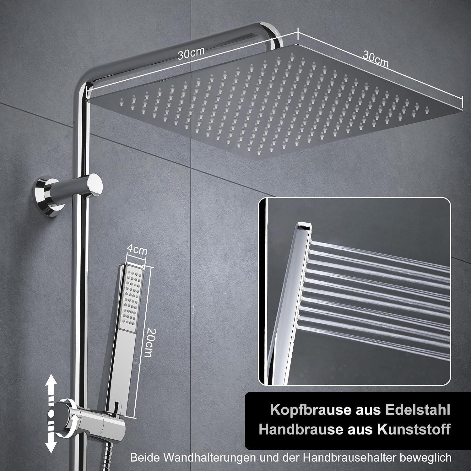 Görbach Regendouche douchesysteem met legplank, roestvrij staal doucheset zonder douchekraan met hoofddouche 30x30 cm chroom
