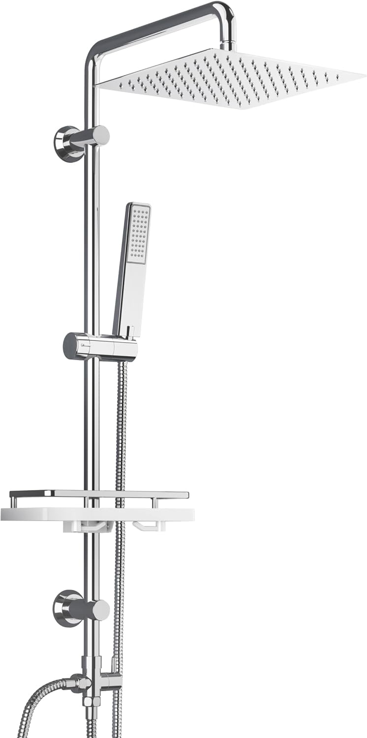 Görbach Regendouche douchesysteem met legplank, roestvrij staal doucheset zonder douchekraan met hoofddouche 30x30 cm chroom