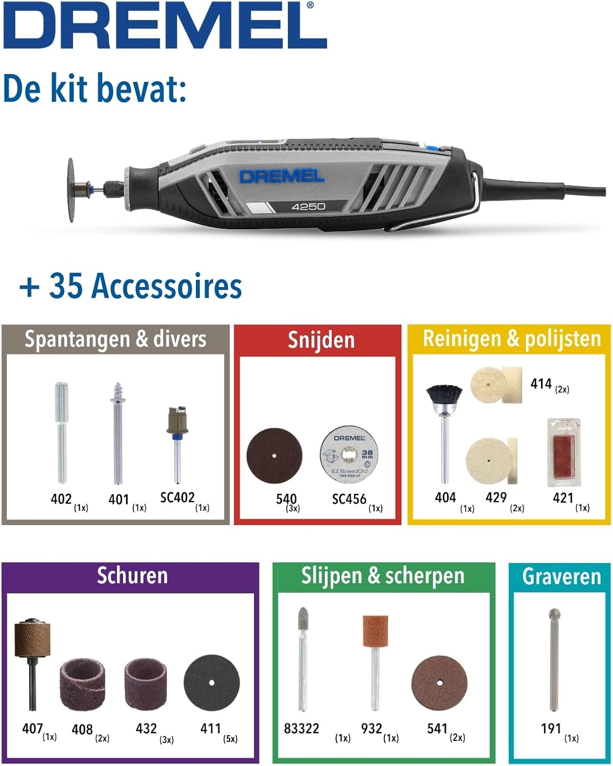 Dremel 4250 Multitool 175 W, rotatiegereedschapset met 35 accessoires, 175 W motor met elektronische feedback, variabele snelheid 5.000-35.000 o.p.m.