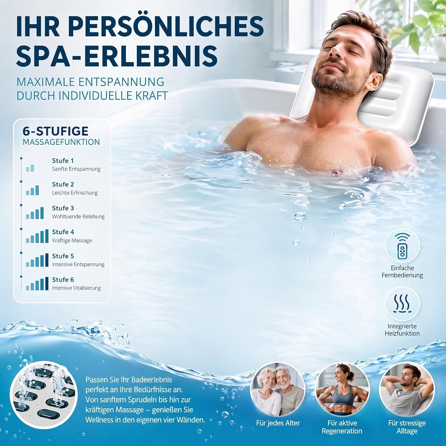Badkuip, spa-mat, bubbelbad, bubbelmat, whirlpool, badmat met kussen, draagbaar, 6 snelheden, voor thuisontspanning, anti-slip zuignappen