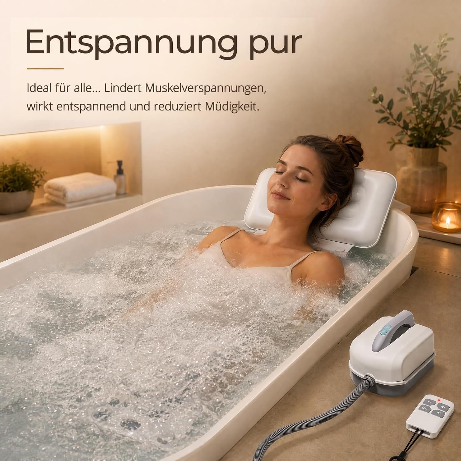 Badkuip, spa-mat, bubbelbad, bubbelmat, whirlpool, badmat met kussen, draagbaar, 6 snelheden, voor thuisontspanning, anti-slip zuignappen