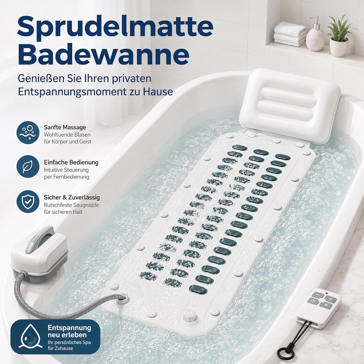 Badkuip, spa-mat, bubbelbad, bubbelmat, whirlpool, badmat met kussen, draagbaar, 6 snelheden, voor thuisontspanning, anti-slip zuignappen