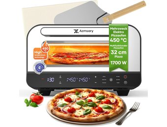 Elektrische pizzaoven – 6 programma's, 1700 W, max. 450 °C, geschikt voor 32 cm pizza's – 5-in-1 multifunctioneel: pizza, grillen, warmhouden, bakken en koken (Black)