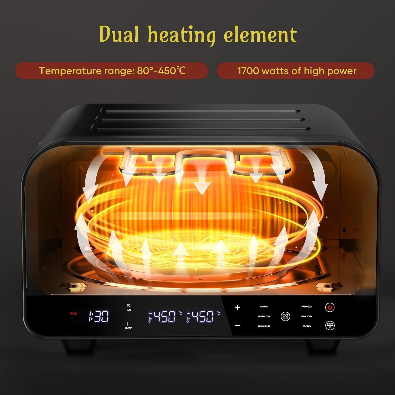 Elektrische pizzaoven – 6 programma's, 1700 W, max. 450 °C, geschikt voor 32 cm pizza's – 5-in-1 multifunctioneel: pizza, grillen, warmhouden, bakken en koken (Black)
