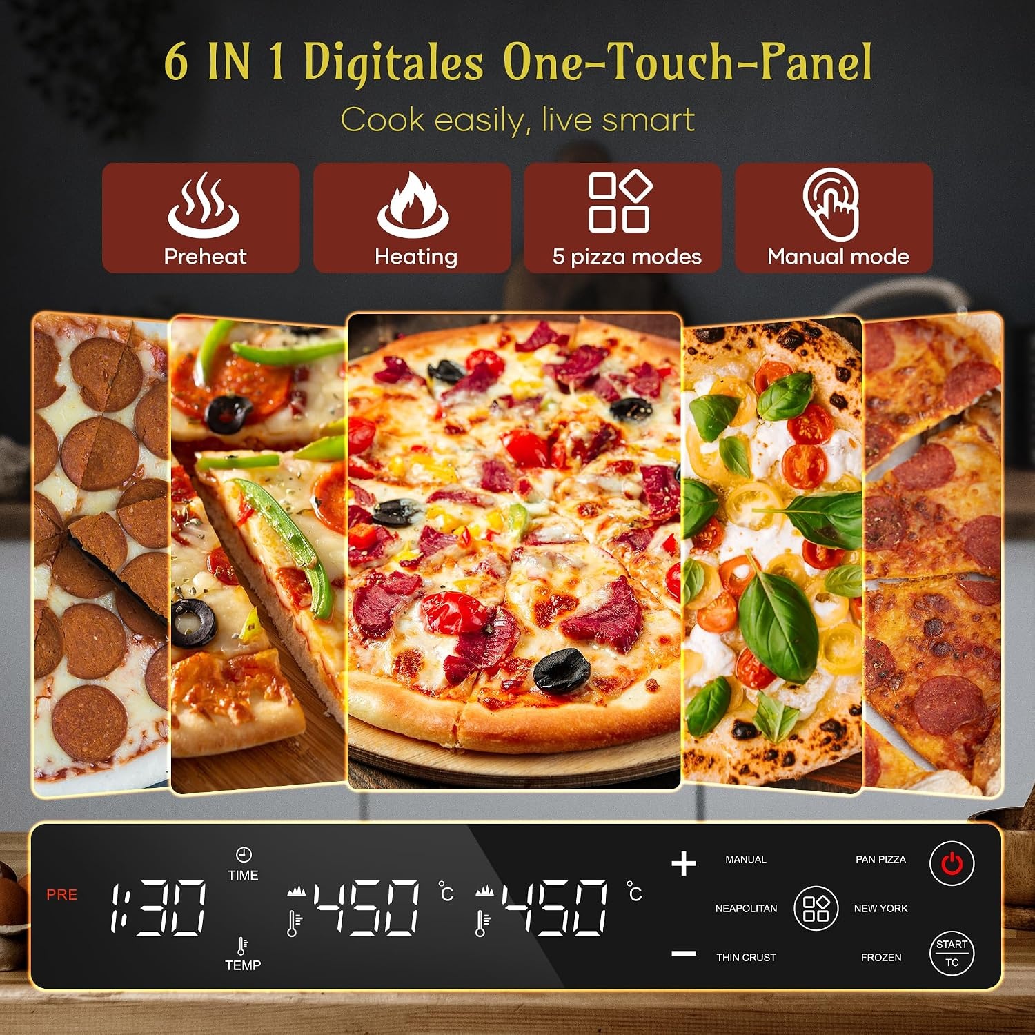 Elektrische pizzaoven – 6 programma's, 1700 W, max. 450 °C, geschikt voor 32 cm pizza's – 5-in-1 multifunctioneel: pizza, grillen, warmhouden, bakken en koken (Black)