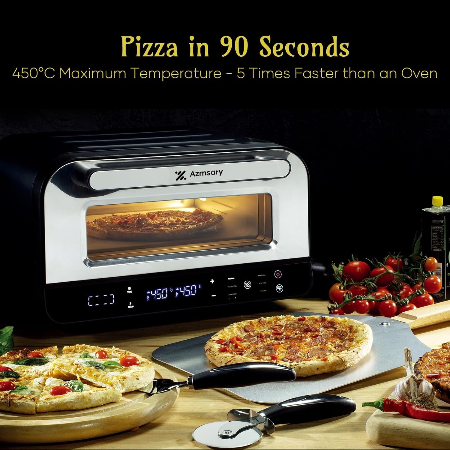 Elektrische pizzaoven – 6 programma's, 1700 W, max. 450 °C, geschikt voor 32 cm pizza's – 5-in-1 multifunctioneel: pizza, grillen, warmhouden, bakken en koken (Black)