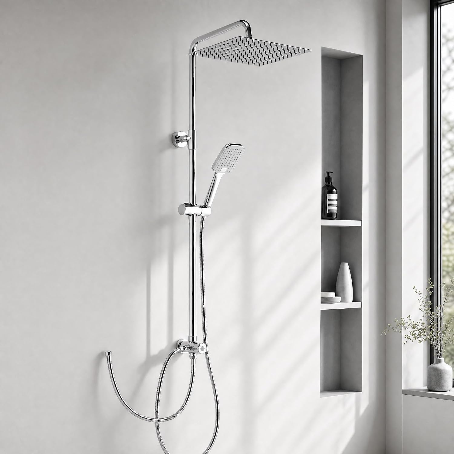 OFFO Regen Douche Zonder Montageset, Chroom, Hoogteverstelbaar en 1,6 m Kinkvrije Doucheslang, Douchesysteem voor de Douche met Engelse Handleiding, 30 x 30 cm Vierkante RVS Doucheset
