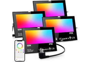 LED Breedstraler Set (4x 50W) RGB Koud Wit, IP66, App Besturing - 34% Korting