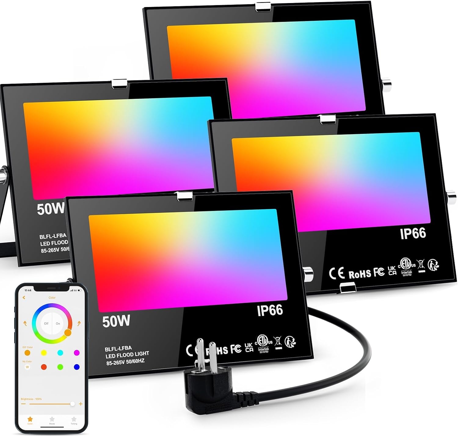Taptoron 50W LED Breedstraler RGB - 4 Stuks - IP66 Waterdicht - 5700K Koud Wit - Bluetooth App Besturing