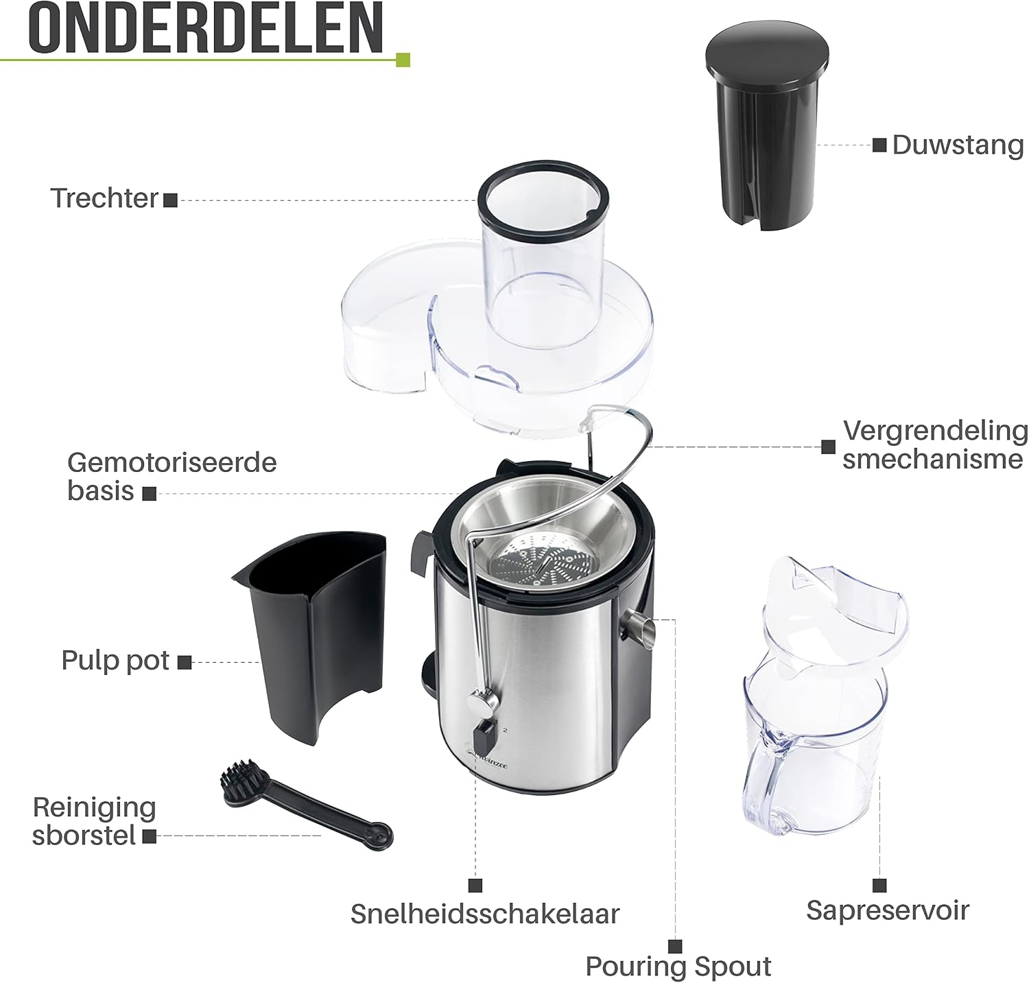 Juicer Groente en Fruit - High Powered (850 W) met 2 snelheden - Centrifugaal sinaasappel en citrusvruchten Juicer Machine voor Fruit en Groenten Brede opening (75 mm), Antislip Basis