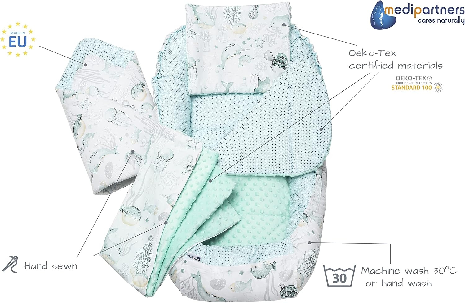 Medi Partners Babynest Set 5-delig Oceaan met munt Minky - 34% Korting