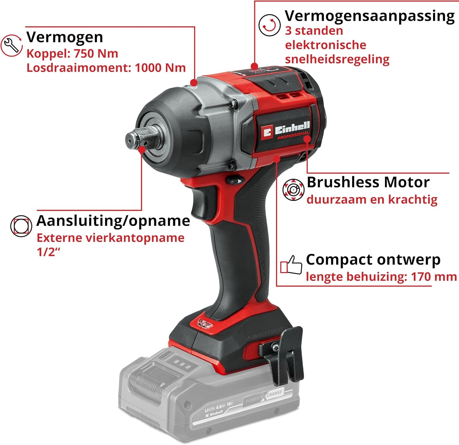 Einhell Accu Slagmoersleutel TP-CW 18/750-C Li BL-Solo - 35% Korting