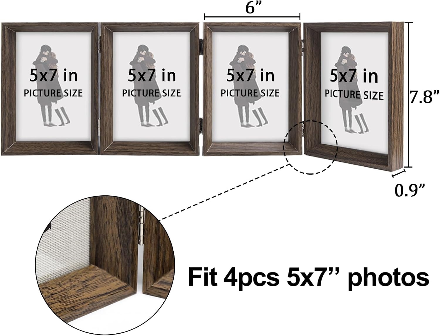 Houten Fotolijst 5x7 inch drievoudig, scharnierend, inklapbaar, MDF, met glazen front, voor op tafel