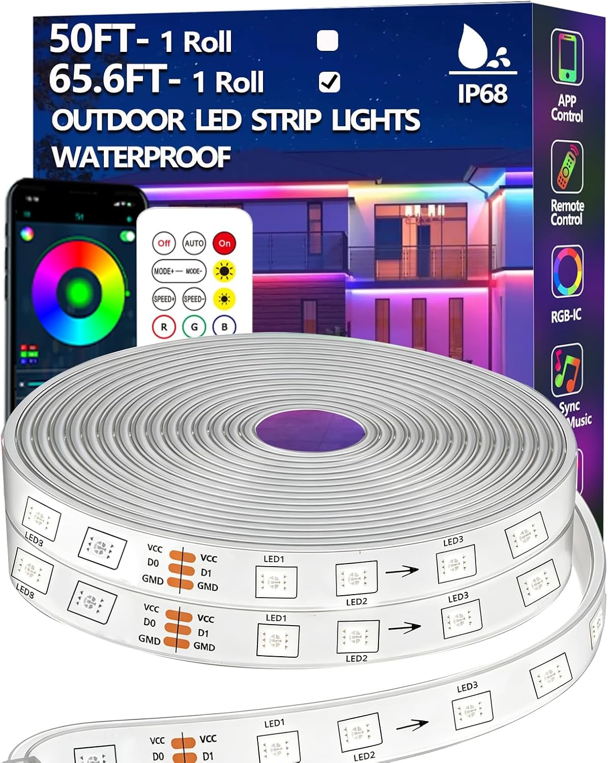 LED Strip 20m RGB+IC Buiten IP68 Waterdicht met App & RF Afstandsbediening - 33% Korting