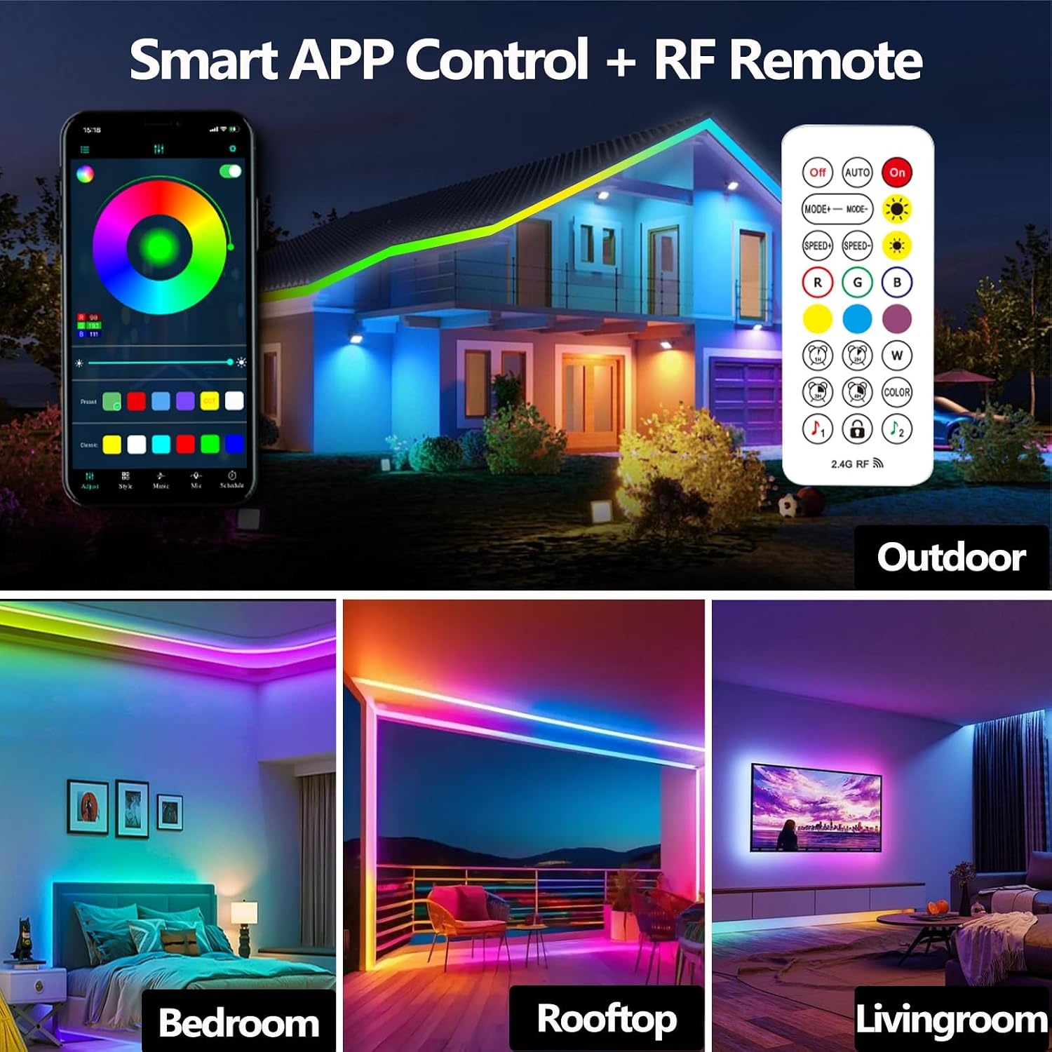 LED Strip 20m RGB+IC Buiten IP68 Waterdicht met App & RF Afstandsbediening - 33% Korting
