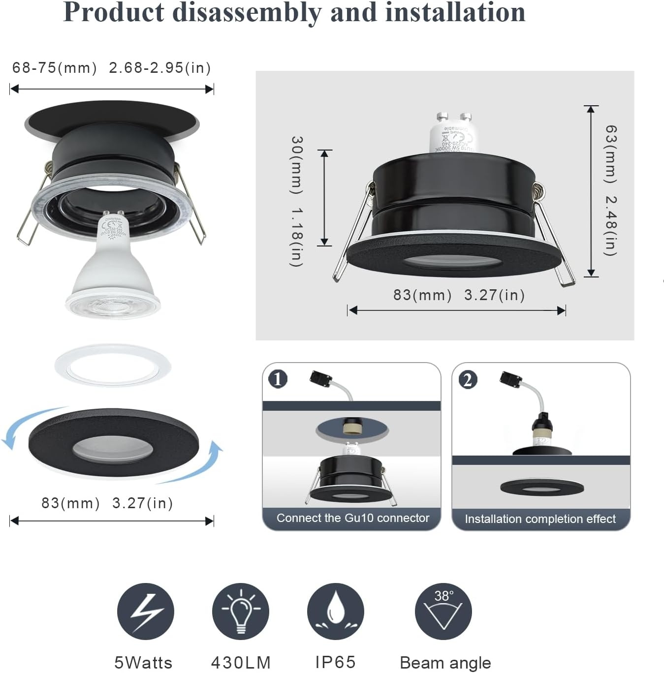 Waterdichte LED Inbouwspot Zwart IP65 5W GU10 - 33% Korting