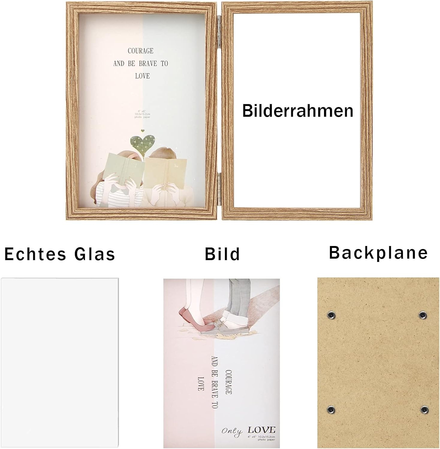 Houten Dubbele Fotolijst voor 2 foto's 10x15 cm | Echt Glas | Houtnerf | 180° Vouwbaar
