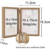 Houten Dubbele Fotolijst voor 2 foto's 10x15 cm | Echt Glas | Houtnerf | 180° Vouwbaar