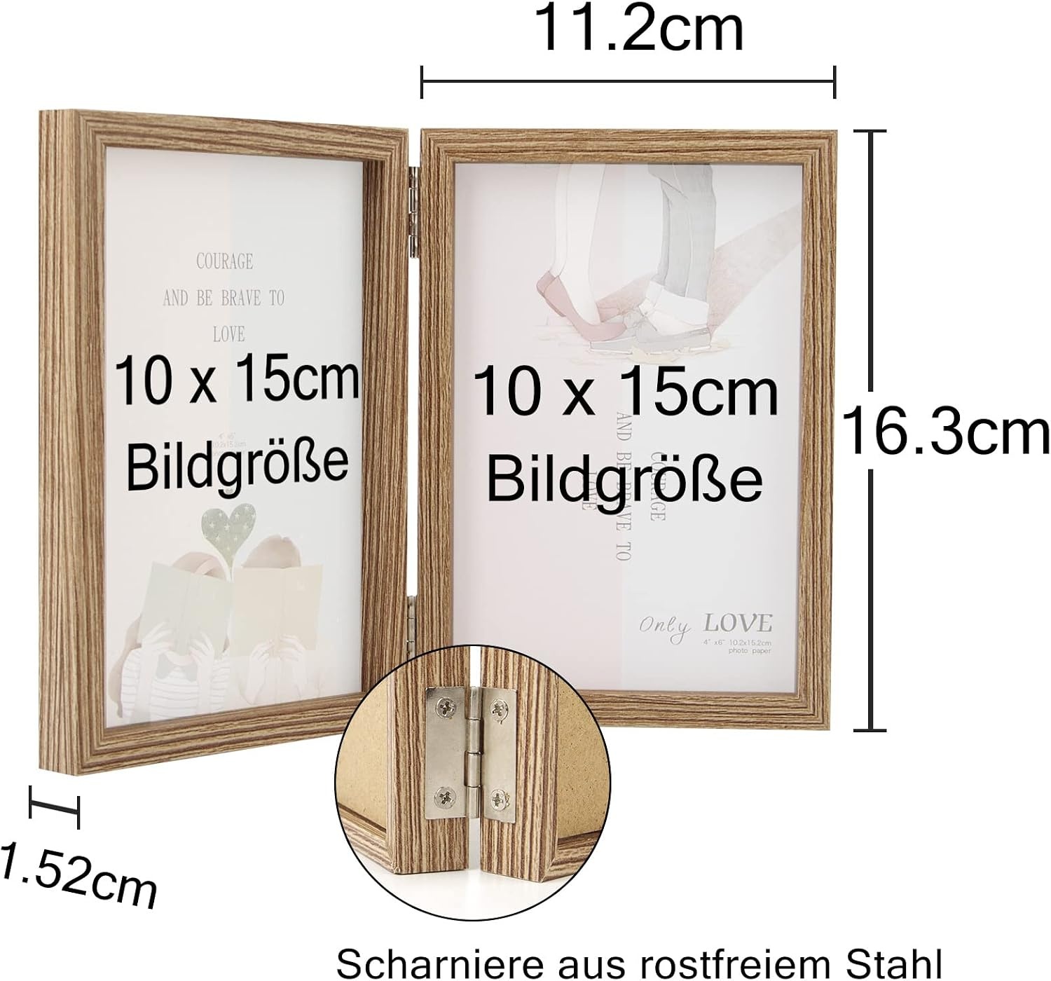 Houten Dubbele Fotolijst voor 2 foto's 10x15 cm | Echt Glas | Houtnerf | 180° Vouwbaar