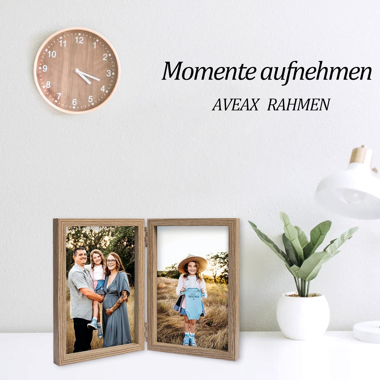 Houten Dubbele Fotolijst voor 2 foto's 10x15 cm | Echt Glas | Houtnerf | 180° Vouwbaar