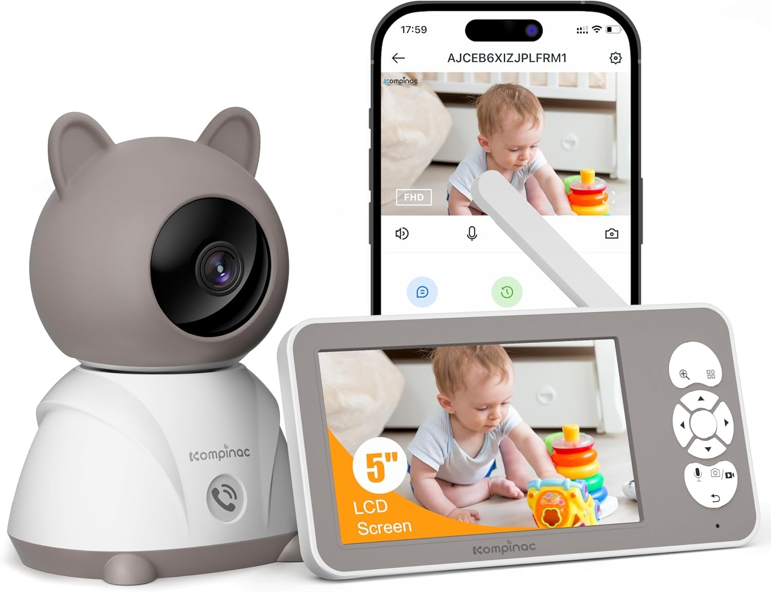 12,7 cm (5 inch) 2 K/3 MP babycamera, 360° PTZ babyfoon met camera en dual displayvoorbeeld, bidirectionele communicatie, HD-nachtzicht, alarmsignalen bij wagen en beweging
