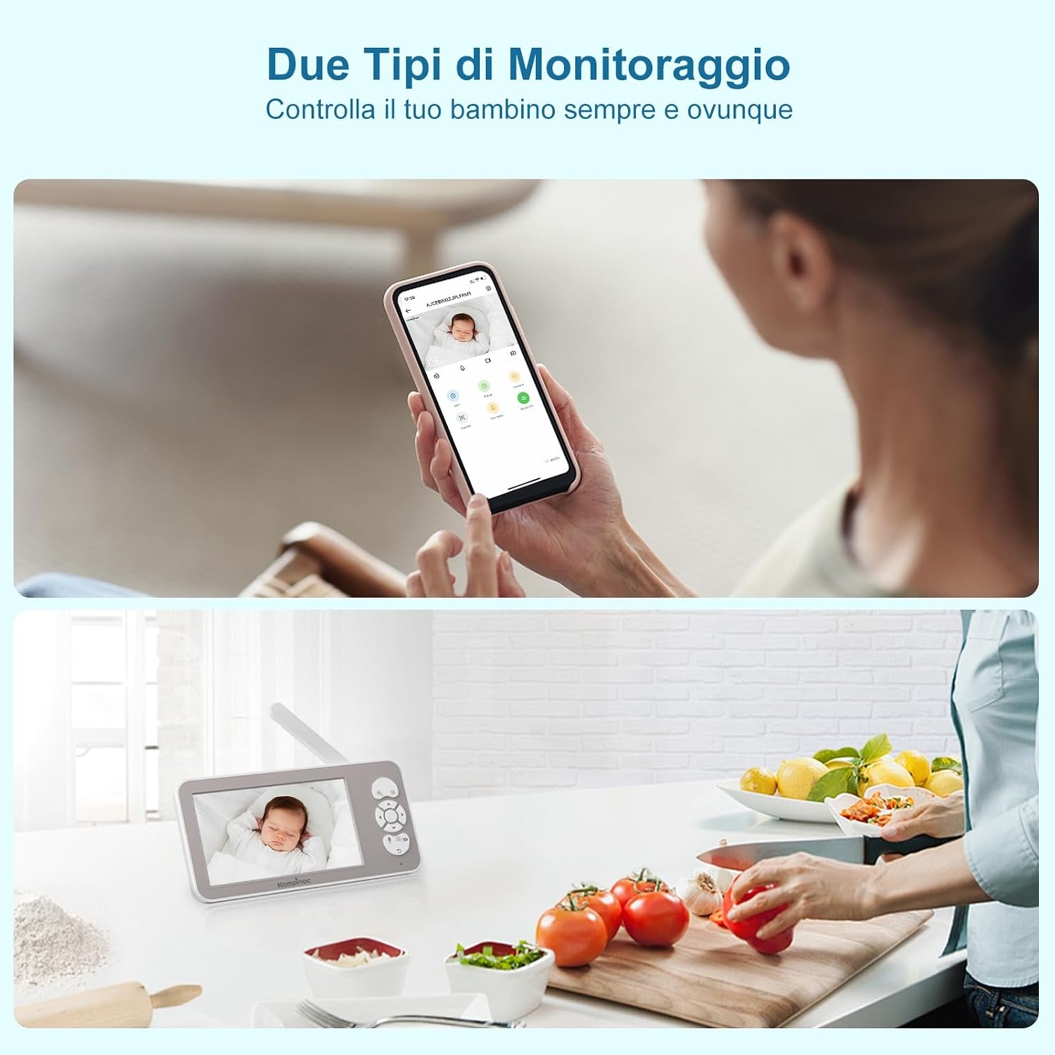12,7 cm (5 inch) 2 K/3 MP babycamera, 360° PTZ babyfoon met camera en dual displayvoorbeeld, bidirectionele communicatie, HD-nachtzicht, alarmsignalen bij wagen en beweging